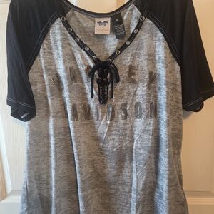 Harley-Davidson Gray and Black Tee with Eyelet Detail